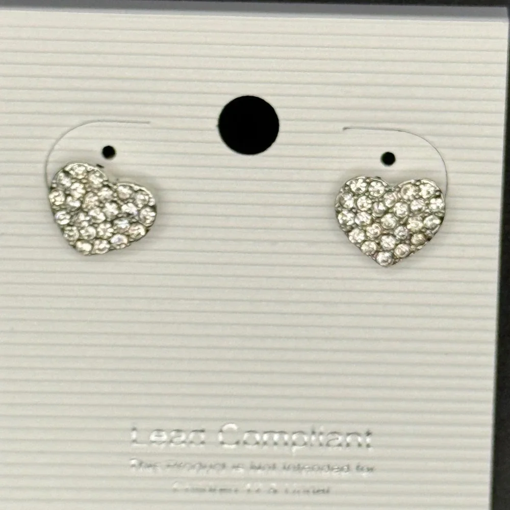 Girls Heart Stud Earrings Silver‎ Tone Rhinestone Pave Crystal Sparkle Jewelry